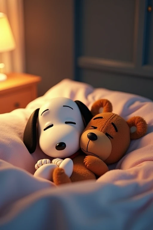 Disney Pixar-style 3D cinematic representation of Snoopy with a bear. Snoopy and the bear are sleeping in a bed.