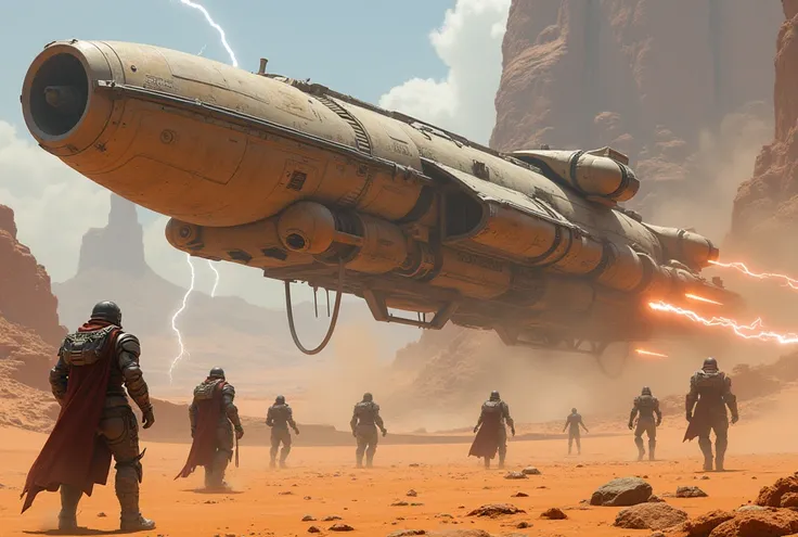 Scene of a futuristic battle in a desert ,  with floating ships shooting lightning and armored caravans fighting for resources.