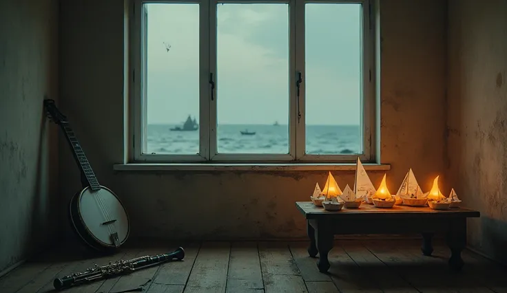  A banjo hanging on the wall of an empty room . There is a clarinet on the floor .  Paper ships are burning on an old and small coffee table.  The sea looks from the window .