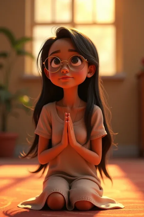  create Disney Pixar style 3D poster
Capturing a scene of a woman,  using
round and gold glasses . straight hair and
long . Praying on her knees  