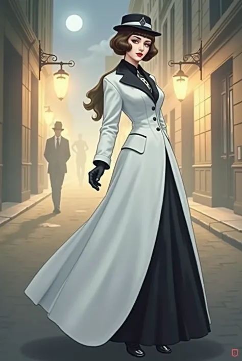 a conservative full body pose of a 1910 woman wearing a small hat and business attire and a long skirt , standing in a dark alleyway with gas lighting, a full moon in the background, beautiful character painting,