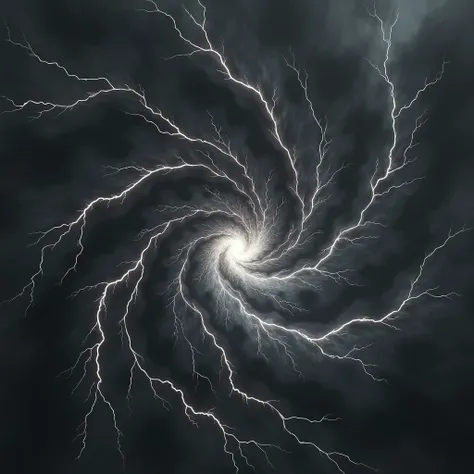 An award-winning abstract and minimalistic art piece designed for a music album cover. The composition features a central lightning bolt that fractures the darkness, generating a swirling vortex of energy. The vortex spirals outward, creating fluid, smoky ...