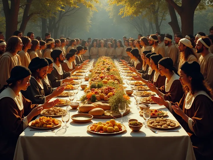   The Thanksgiving Feast  (1621)
 A large outdoor banquet table ,  with pilgrims and natives seated together .  There are a variety of foods : corn, of them, vegetables and bread .  Everyone is praying before starting to eat .
 People are standing with the...