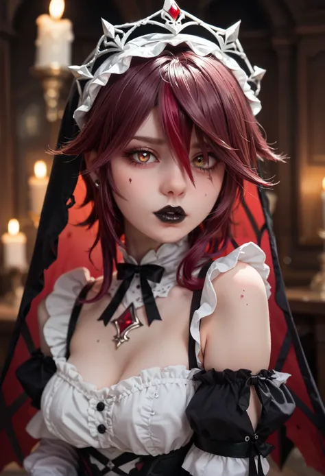 Rosaria, Genshin Impact, gothic lolita cosplay, piercings, black lipstick, stoic, spooky mansion,