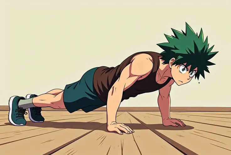 Create an anime-style image of Izuki Midoriya doing push-ups on the floor , right side view