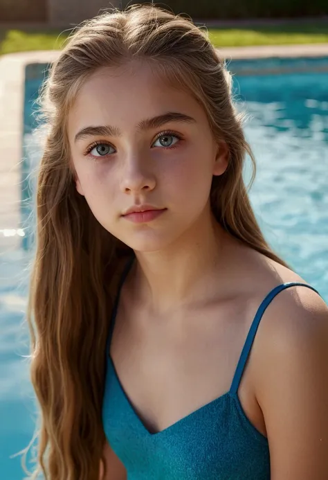 full body image of fifteen year old girl, beautiful detailed eyes, extremely detailed face and features, long eyelashes, long flowing hair, ( out), outdoor pool scene, natural lighting, cinematic composition, highly detailed, photorealistic, 8k , work of a...