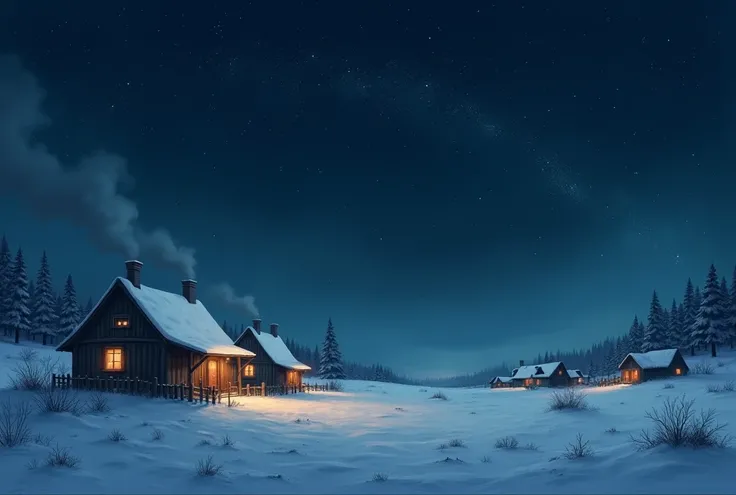  Night view with star-filled skies and freezing temperatures, while small settlements try to stay warm .