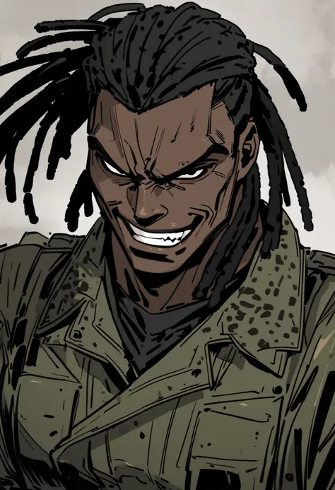 Solo male, style of Metal Gear Solid, 30 year old, African, black hair, dreadlocks, ((black eyes)), African military uniform, ((smirking with teeth showing)), evil, ((dark skin))