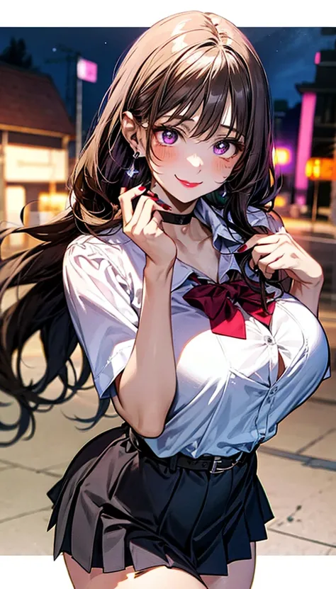  1 girl　 pretty girl 　Anime Style　 detailed body 　 detailed face 　 perfect eyes　Beauty　Busty　Her breasts are very large　Plump　thick eyelashes 　 has long eyelashes　 purple eyes　Blonde　 straight hair　 long hair 　 earrings for a woman alone　 white shirt　 chok...