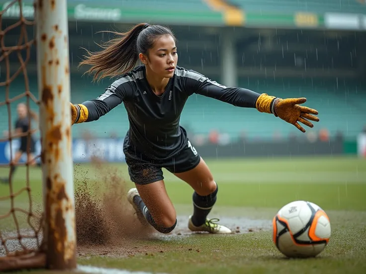 A highly realistic, action-packed photo of a beautiful young female goalkeeper making an extraordinary save on a muddy soccer field. She is in mid-air, fully stretched, diving to block a powerful shot aimed at the top corner of the goal. Her athletic body ...