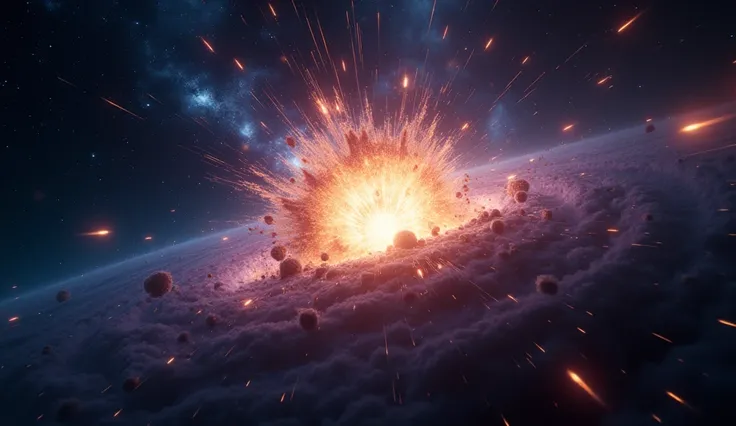 " An ultra-realistic, cinematic image of the Big Bang ,  depicting the moment of the creation of the universe . in the center of the image, a colossal explosion of light and energy ,  with vibrant colors such as blue , purple and gold,  spreading in every ...