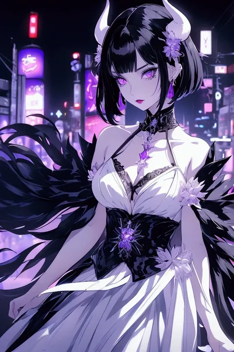 Beautiful demon female, porcelain white skin, purple eyes, black eyeliner, short black hair, inverted bob, large breasts, white horns. Wearing small black dress. Tokyo at night background, neon lights.