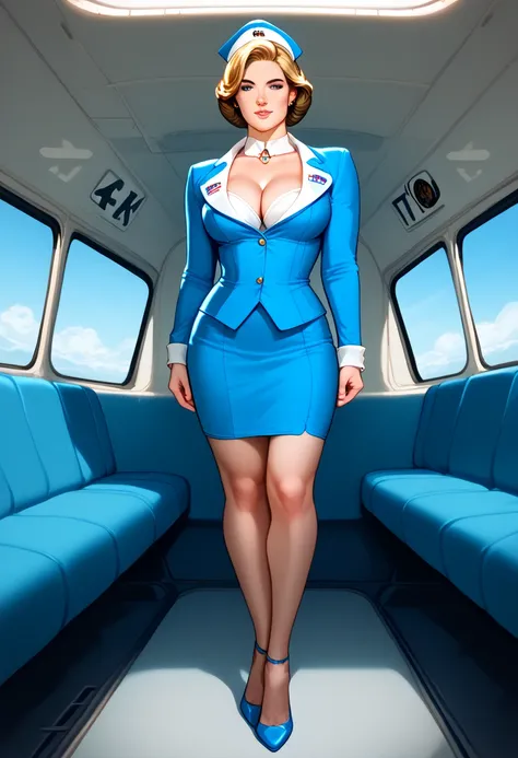 A realistic photo of a sexy air hostess from the TV show Pan Am TV series. Dressed in a ((short)) light blue dress. Cleavage. Inside an airplane. Full body shot. J Scott Campbell style.