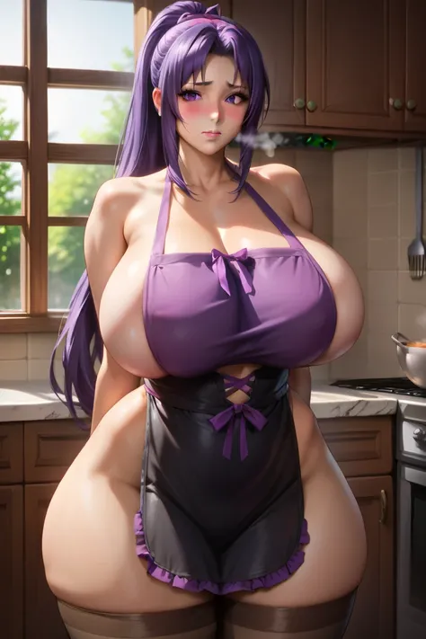 black apron, bare shoulders, kitchen, window, steam, (bare apron:1.2), detailed face, perfect face, perfect eyes, realistic eyes, perfect fingers, [nervous, embarrassed, blush, wide hips, (thick thighs), ( giant breasts), high stockings, skin indentation,k...