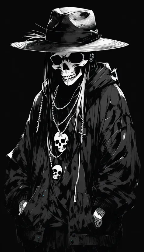 ( top quality , sketch:1.2), Dark monochrome background, Japanese manga,Illustrator,Japanese manga,1 skull, sombrero ,sweater,HABIT,background completely black, Neon hair,Texture cutout,Canadian,  masterpiece , style: Classic retro, Black background, until...