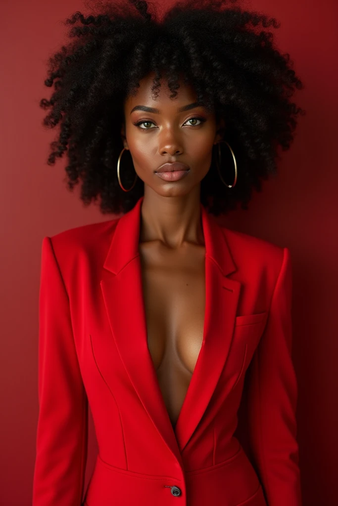 Une jeune fille de 24 ans de teint noir et yeux vert , très sexy avec les cheveux afro , photo entière, plusieurs de ces photos avec différents vêtements de couleur rouge