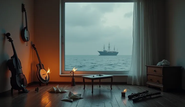 Hanging banjo and ud on the wall of an empty room. There is a clarinet on the floor .  Paper ships are burning on an old and small coffee table.  The pot in the corner of the room has white ore.  The sea looks from the window .  There is a large ship in th...