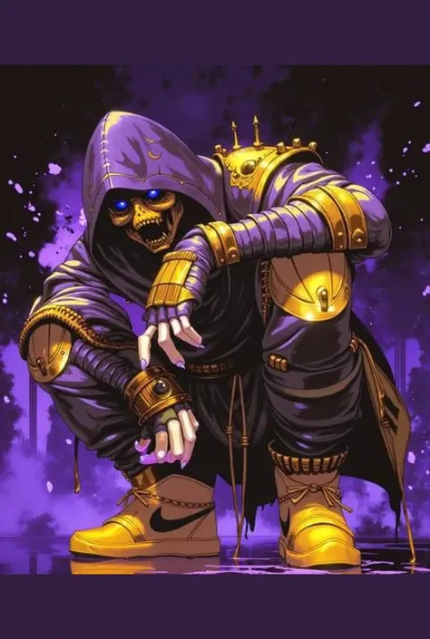 Skeletor of Masters of the universe standing in front of Castle gray Skull holding the power sword in the air with a glowing Aura around him
