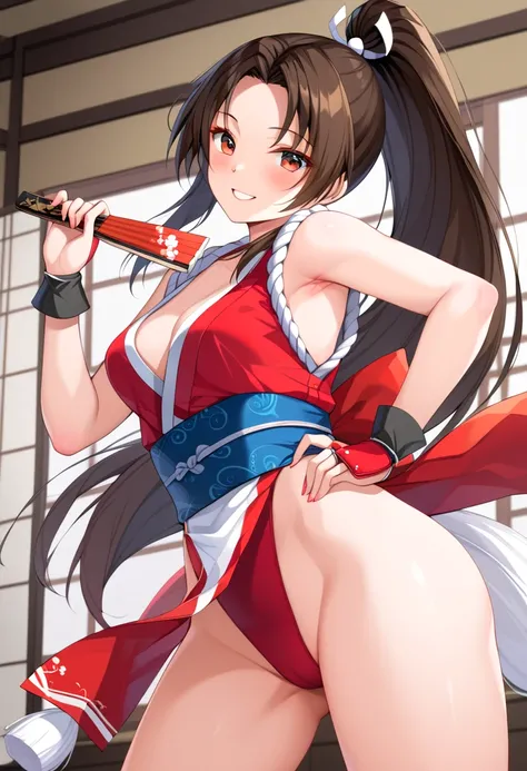 Mai Shiranui、 pleasure、 innocent smile 、Crouch、Holding a folding fan、 Hi-leg Leotard、 Decisive Pose、 cowboy shot