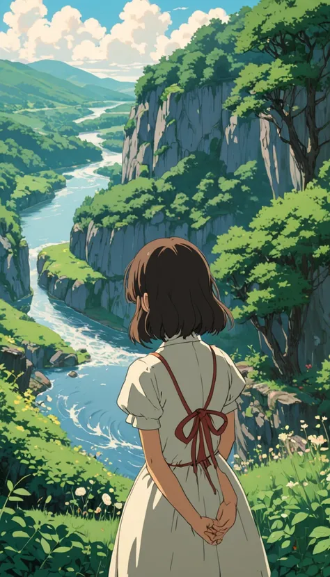 A Studio Ghibli-style animated movie,  still photos from the film,  best quality, masterpiece, Representative works,  Official Art, professional,  super intricate details , 8k, Nature,Back view of a girl looking at the river