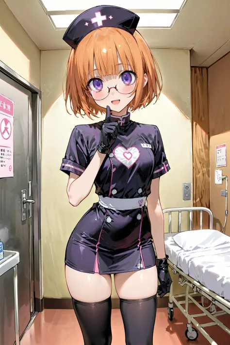 One Girl, alone,Black Nurse, black nurse cap, Black clothes, ((Black legwear, zettai ryouiki)), Black gloves, Very short hair, Orange Hair, smile, Open your mouth, Are standing, ((Hospital room)), Sharp contours, Short sleeve, Tomboy, boyish, highest quali...