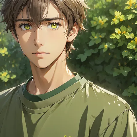 sex:  mens slightly messy brown hair and green and yellow eyes around the pupil,  thin and defined brown skin wearing a loose sweatshirt Height : 1,76 