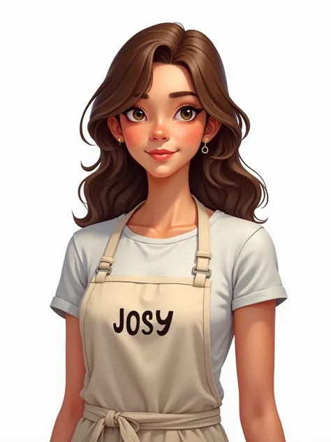  Create a  girl wera ,  brown hair ,  who wears an apron that says (JOSY ),  taqueria with white background and without earrings 