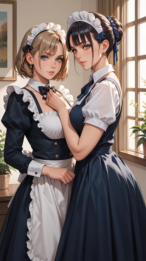 Two women dressed in short maid outfits