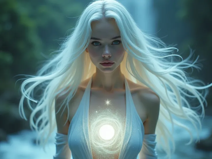 woman with white hair ,  in her chest she has a ball ,  glowing from the ball with light all over her body.