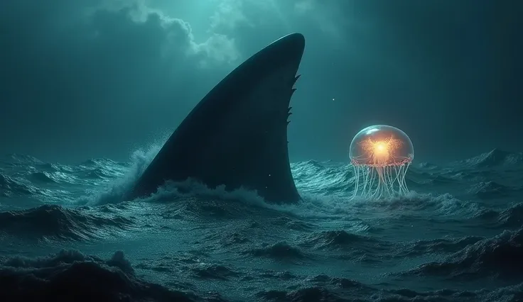 A dramatic composition featuring a collage of dangerous elements from different beaches: a massive great white shark fin slicing through dark, turbulent waters, a venomous jellyfish glowing faintly underwater. The atmosphere should feel thrilling and myste...