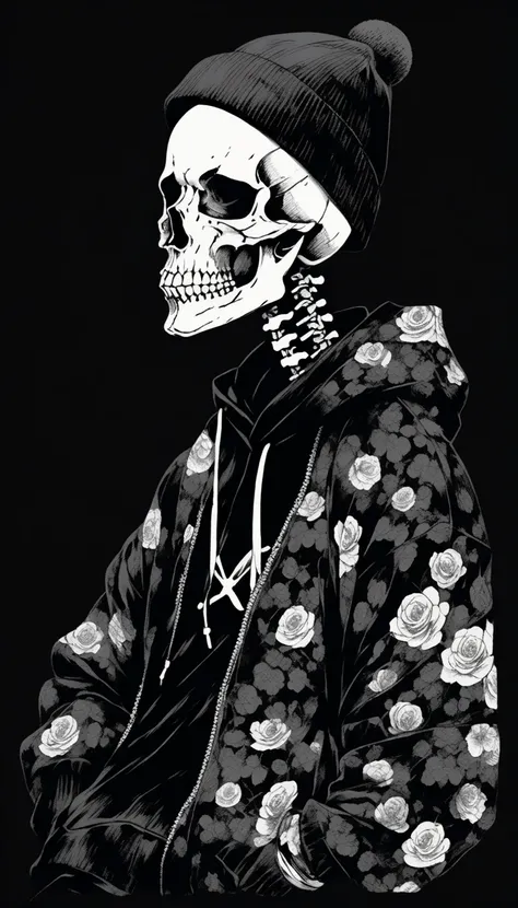 ( top quality , sketch:1.2), Dark monochrome background, Japanese manga,Illustrator,Japanese manga,1 skull, cap ,sweater, HABIT,background completely negro con rosas blancas, hairless ,Texture cutout,  masterpiece , style: Classic retro, Black background, ...