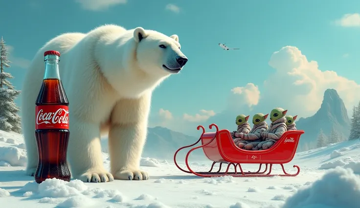  Take a thumbnail of the big white bear standing with a Coca-Cola bottle and snow in the background in Rio de Janeiro and a red sleigh with aliens. Realize with vibrant colors and high definition . written title  "RETRO COCA-COLA "