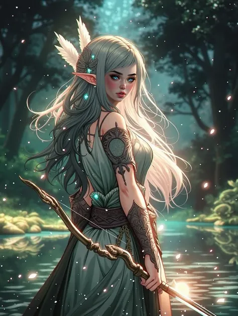 An elf, green hair, far away,  A simple dress , bare feet.  She is in a forest walking over a pool of water, There are two daggers made of magic in her hands . 