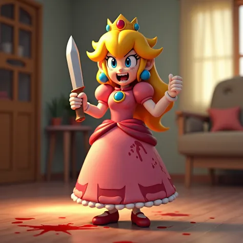 Create 3d style image of angry Princess Peach standing in center position on home floor, looking at viewer, smiling with mouth open, holding knife in her hands, blood stains on her outfit.