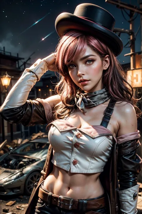 pink and brown hair, multicolored hair, neopolitanatlas, bowler hat, grey scarf, white gloves, white shirt, off-shoulder shirt, black sleeves, midriff, white belt, white pants, outdoors, post apocalyptic scene, future urban, building debris, bonfire, wreck...