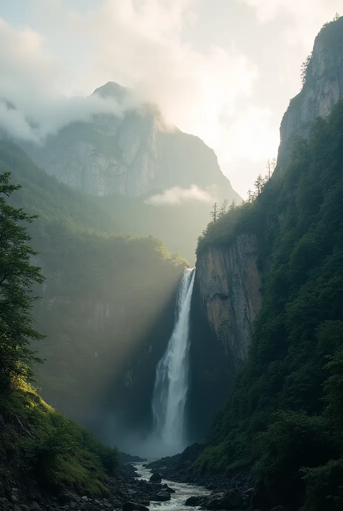 beautiful detailed waterfall in the mountains, lush green forests, dramatic rocks and cliffs, golden sunlight streaming through ...