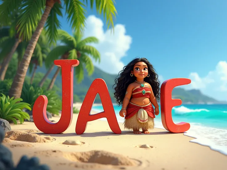 Create a poster with letter-by-letter writing " JADE " en FRANÇAIS et en Majuscules . dans un style Disney 4D. LÉCRITURE DOIT ÊTRE BIEN VISIBLE. 

Thème MOANA ET MAUI, plage, vaiana. LES PERSONNAGES doit être en arrière plan. 