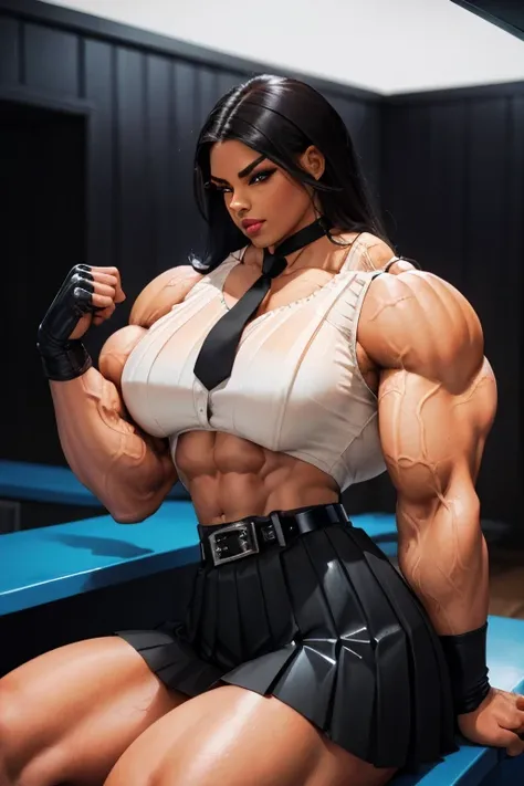 ((Close-up)), tall, (black hair) beautiful muscular woman, long hair, brown skinned, closed smile, large breast, (black lipstick), (massive muscles), (hyper muscle), (((ginormous bulky muscles))), orange eyes, ((((sleeveless shiny pleated shirt)))), ((((lo...