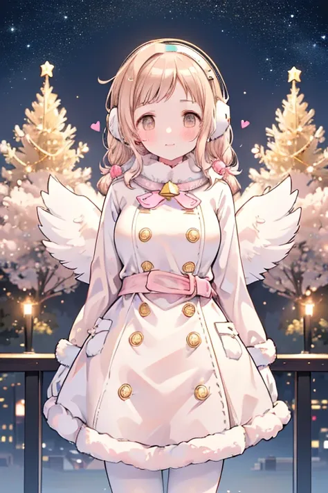 Sakuragi Mano, ((Mega Breasts)),　　(((Starry Sky))), Absolute territory,　　smile, 　(Midnight), (((white Faux Fur Coat))), Fluffy,　(Healing),　　 hair accessories ,　　　(((Gold trim))), (((gold star print))), ( white gloves : 1.5),　 Frills,　 ((a little white pige...