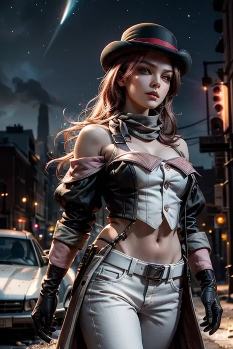 pink and brown hair, multicolored hair, neopolitanatlas, bowler hat, grey scarf, white gloves, white shirt, off-shoulder shirt, black sleeves, midriff, white belt, white pants, outdoors, post apocalyptic scene, future urban, building debris, bonfire, wreck...