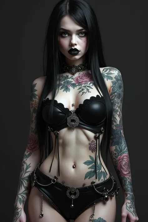  girl she is very gothic .  y her massive chest with a cup M  (almost more ,  than a pair of beach balls )  glossy lipstick and an equally big ass .  She has pale skin ,  long black hair and black eyes .  she has an incredible amount of piercings all over ...