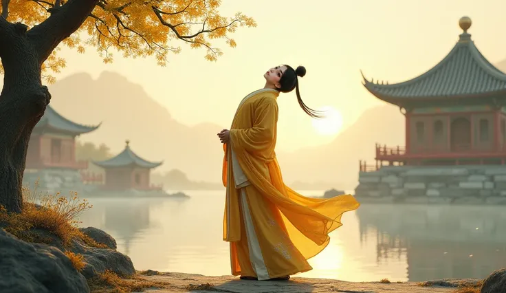  Ancient China、 One Man、A man arching、Yellow Clothes 、 ethnic costumes、View here