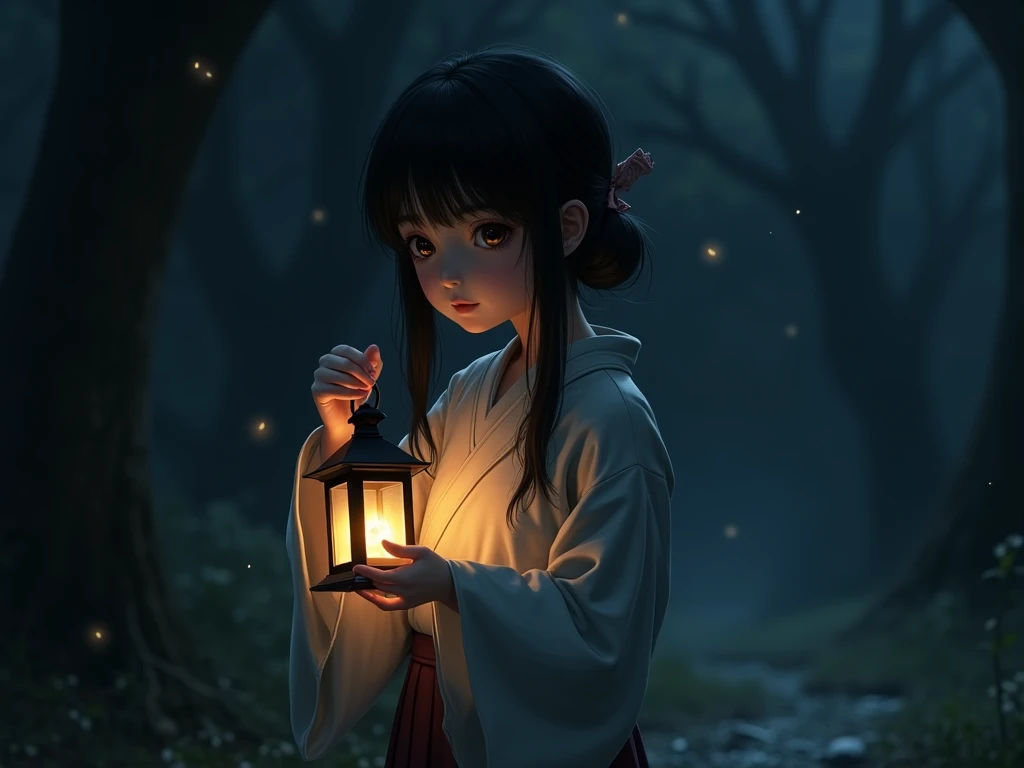 create a japanese, young girl, that has hidden in the light, her small lantern glowing in the dark, it is very dark outside, realistic