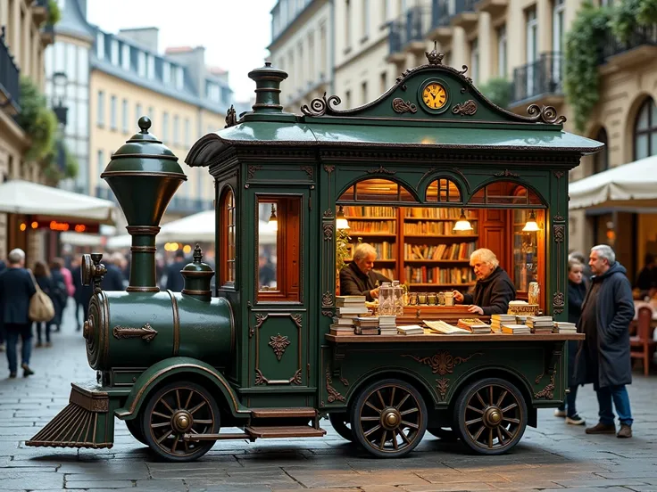 I want a bookstore cafe in a kiosk in the shape of a train 