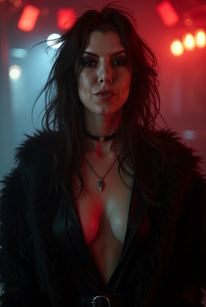 Long hair , black blouse, black jean, Brunette Hair ,  messy hair , fur, smile, vampire, seductive, sweaty,  hot make up, High resolution, close up, realistic, 4k, cinematic, noir, at night club