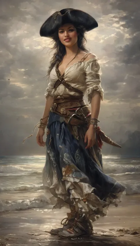 painting of a woman in a pirate costume walking on the beach, beautiful character painting, pirate woman, beautiful maiden, by John J Park, magali villeneuve, a beautiful woman warrior, stunning character art, graphic artist magali villeneuve, epic exquisi...