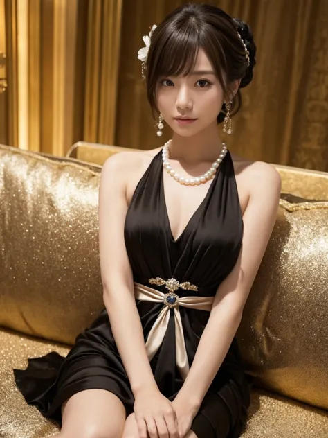 she is a very beautiful and well-styled japanese woman in a dark night cabaret with romantic lighting wearing a short silk dress...