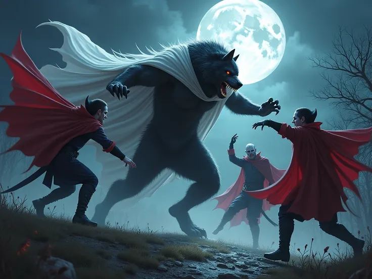 on a full moon night, A werewolf who wears a white cape,  fights fiercely against a group of bloodthirsty vampires, With wearing a red cape .