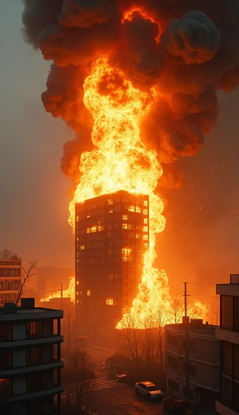 Realistic image,8k,the fire that flared very large in the building