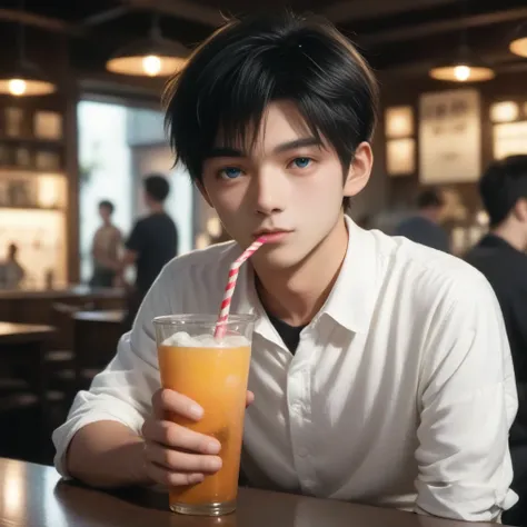 Drink a frappuccino at a stylish cafe、Staring at me( and smiles :0.8),Black-haired boy,dark blue eyes,Age 19, Japanese,Nagi XL,star-shaped,slim, blush,best quality, Dim lighting　portrait,( Realistic)8k shot from the front